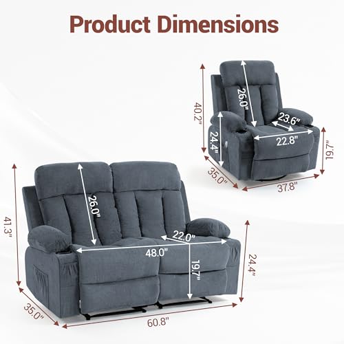 3-Piece Manual Reclining Sofa Set with Massage, Heating and Cup Holders