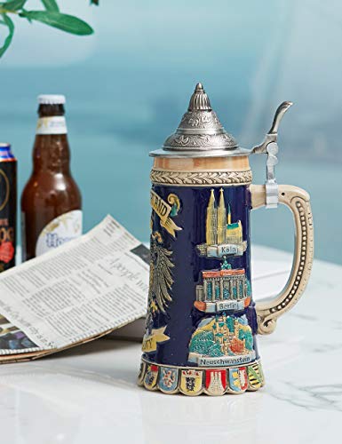 Ceramic German Beer Stein with Pewter Lid 0.6L Viking Tankard Mug