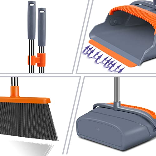 Kelamayi Upgraded Broom and Dustpan Set with Long Handle and Self-Cleaning Teeth