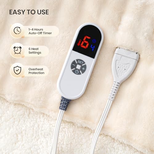 50"x72" Heated Throw Blanket, Electric Sherpa Fleece with 6 Heat Settings