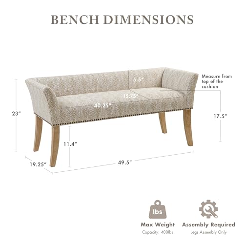 Upholstered Accent Bench with Back and Nailhead Trim, Taupe, 49.5-inch