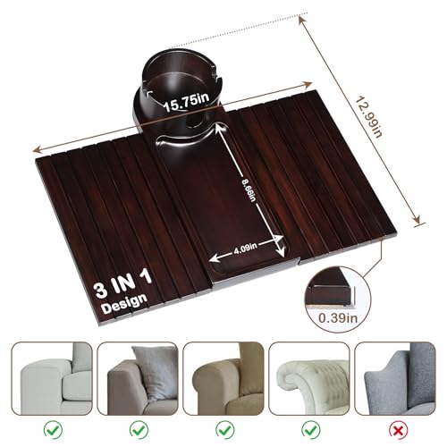 Foldable Bamboo Couch Arm Tray with 360° Rotating Cup Holder & Phone Stand