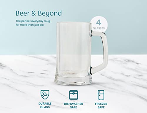 Glass Beer Mugs Set of 4, 12.7 Oz Large Drinking Glasses with Handles