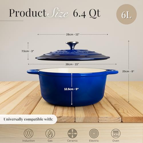 Enameled Cast Iron Dutch Oven Pot with Lid - 6.4 Quart Casserole Dish