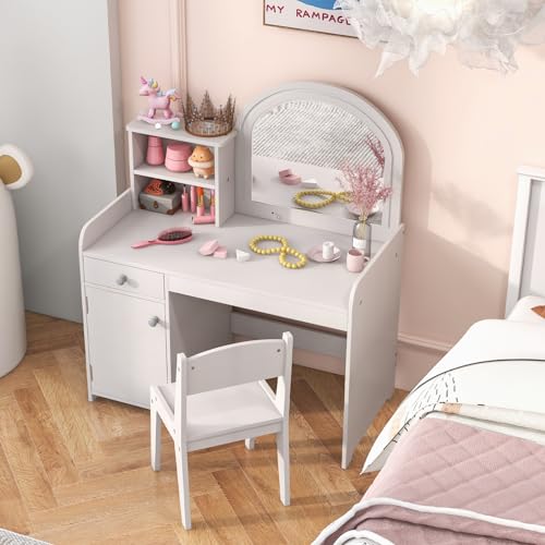 Kids Vanity Set with Lighted Mirror, Chair, and Storage - White Wooden Desk