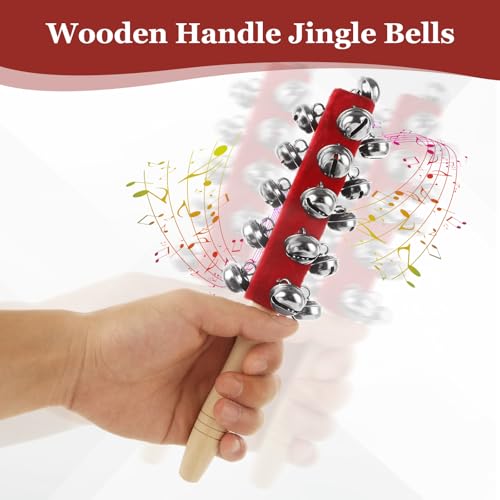 6 Pack Christmas Jingle Bells with Wooden Handle, Handheld Sleigh Bell Shaker