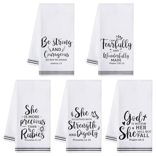 Bible She Christian Kitchen Dish Towels Set - Inspirational Scripture, 5-Pack, Quick Dry & Absorbent, Housewarming Gift