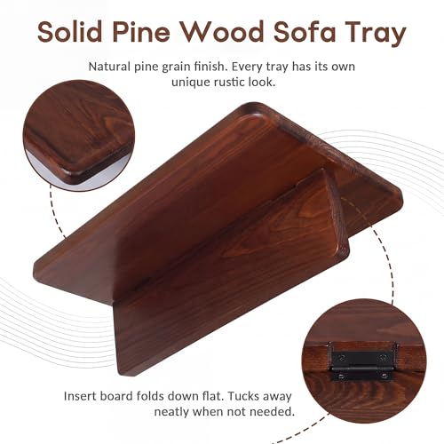 Solid Pine Wood Couch Tray with Cup Holder and Foldable Support, 8"x12"