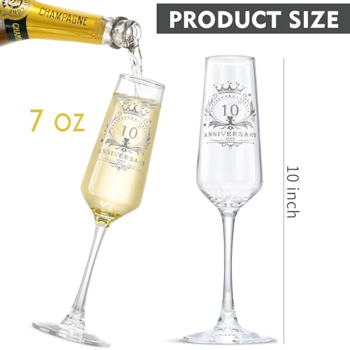 10th Anniversary Champagne Flutes Set of 2 - Elegant Hand-Blown Crystal Glasses, 7 OZ