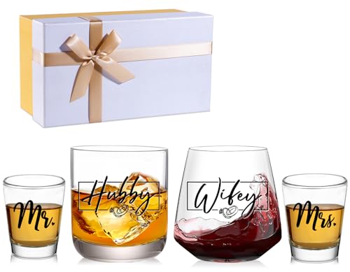 Hubby & Wifey Stemless Wine and Whiskey Glass Set for Couples