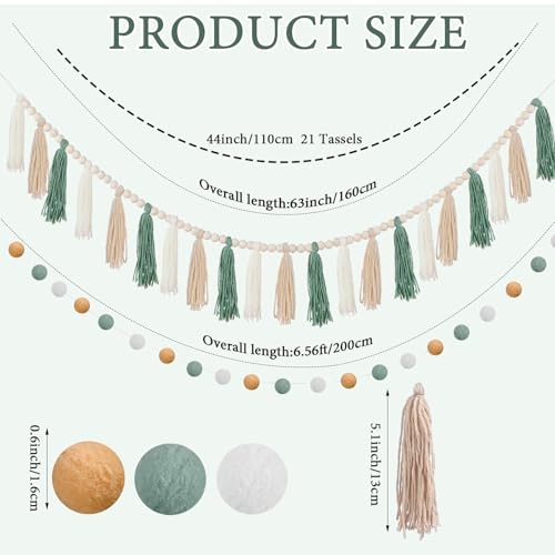 Boho Tassel and Pom Pom Garland Set - Sage Green Cotton Wall Decor