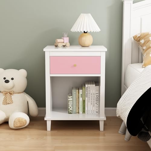 Modern Kids Nightstand with Drawer and Open Shelf, Wood Bedside Table