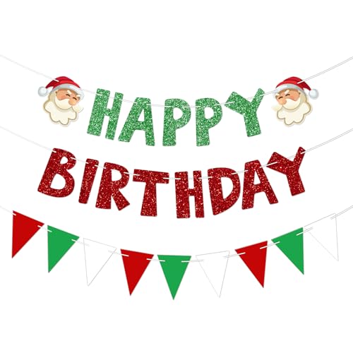 Christmas Birthday Banner, 2 Red/Green Banners with Triangle Pennant Garland