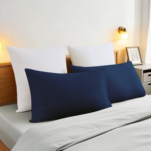 Waffle Weave Cotton Pillow Shams Set of 2, Standard 20x26, Navy Blue