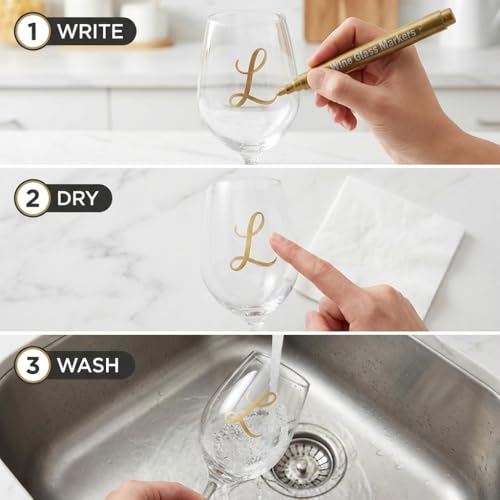 Wine Glass Markers - 8 Metallic Washable Pens for Drinks & Glasses