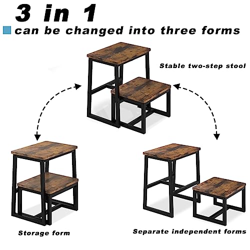 3-in-1 Heavy Duty Wooden Step Stool, 500lb Capacity with Metal Frame