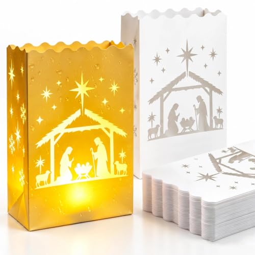 Nativity Waterproof Plastic Luminary Bags - 50 Pack, Reusable Outdoor Decor