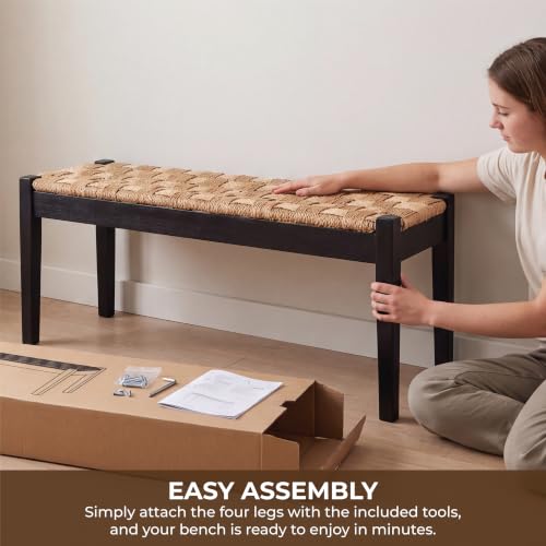 46-Inch Acacia Wood Entryway Bench with Woven Seagrass Seat