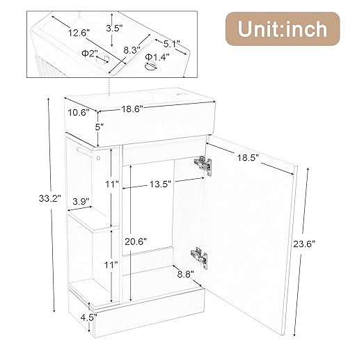 18.6-Inch Modern Bathroom Vanity with Sink and Open Storage Shelves