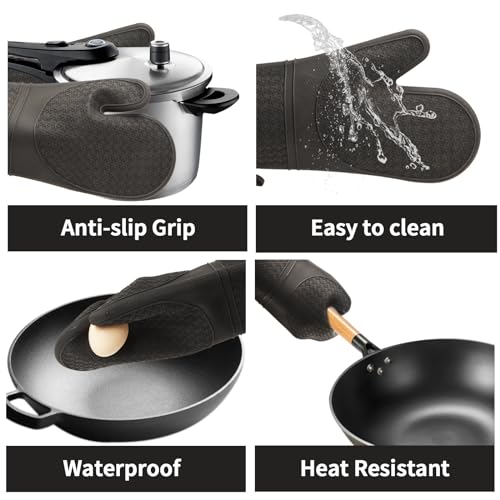 Silicone Oven Mitts - 11.6" Heat Resistant Baking Gloves with Cotton Lining