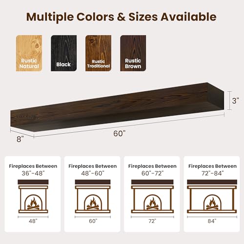 Acovy Rustic Brown Floating Fireplace Mantel Shelf 60x8x3 Inches Natural Wood