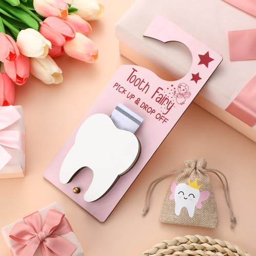 Wooden Tooth Fairy Door Hanger Set with Drawstring Pouch & Glass Jar
