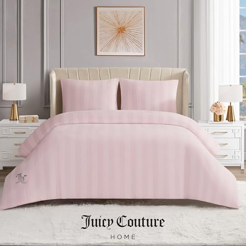 King Size Duvet Cover Set - Pink Striped Velour 3 Piece Bedding