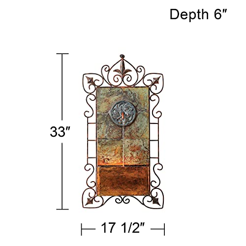 33-Inch Rustic Iron Scroll Wall Fountain with LED Light for Garden Patio