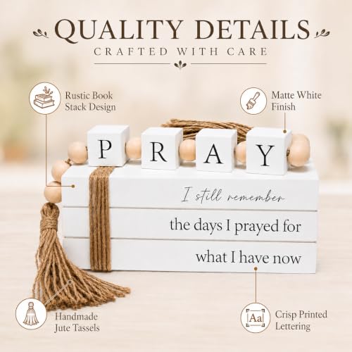 Farmhouse Decorative Faux Book Stack with Pray Garland and Wood Tassels