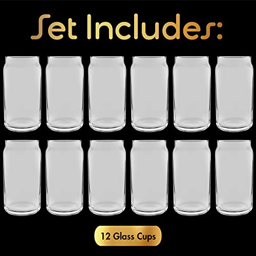 16 oz Can Shaped Glass Cups, Set of 12 Clear Beer Can Glasses for Drinks
