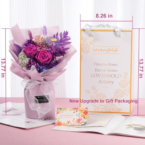 Handcrafted Preserved Purple Rose Bouquet in Gift Box - Lasts 3+ Years