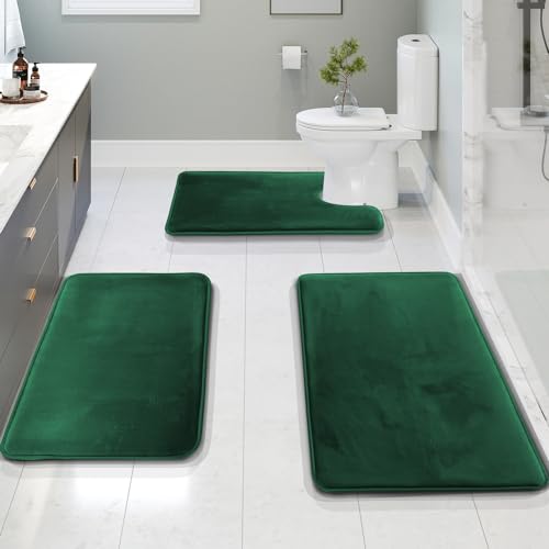 Clara Clark 3-Piece Memory Foam Bath Rug Set - Green Non-Slip Velvet Mats