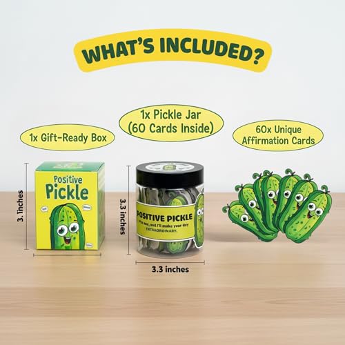 Positive Pickle Jar with 60 Affirmation Cards - Funny Daily Positivity Gift