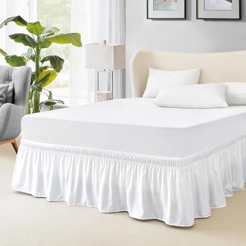 Queen Elastic Wrap-Around Bed Skirt - 15-Inch Drop Dust Ruffle (White)