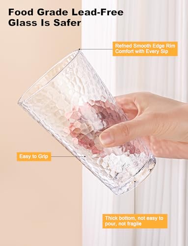 Hammered Highball Drinking Glasses Set of 8, 16oz Clear Glass Cups