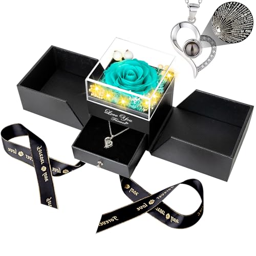 Enerleaf Navy Blue Preserved Rose Necklace Gift for Mom - 100 Languages I Love You Box