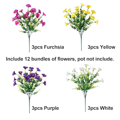 12 Bundles Artificial Morning Glory Flowers with Eucalyptus - UV Resistant Faux Plants for Outdoor Decor