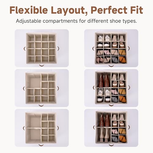 Foldable Shoe Storage Organizer 2-Pack, Adjustable Dividers & Clear Lid