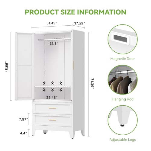 71-Inch Metal Wardrobe Armoire with Hanging Rod and 2 Drawers - White