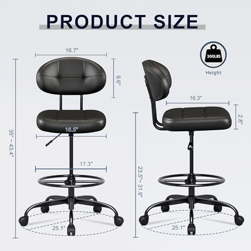 Tall Drafting Chair with Footrest - Adjustable Faux Leather Office Stool