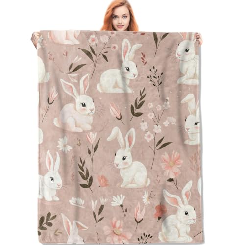 VANZEV Bunny Rabbit Fleece Blanket 60x80 in - Cute Floral Cozy Throw for Kids & Adults, Plush Home Decor