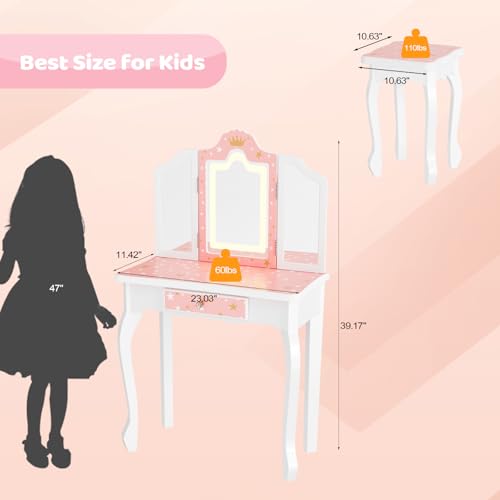 Kids Vanity Set with Mirror and Chair - Pink Makeup Dressing Table