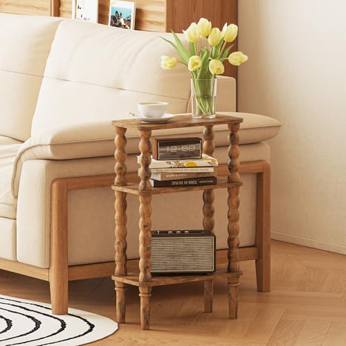 3-Tier Narrow Side Table with Storage Shelf, Rustic Brown End Table