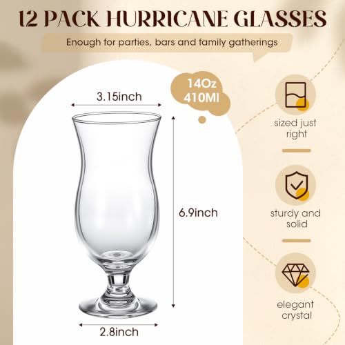 Patelai Short Stem 14 oz Hurricane Glasses Set for Tropical Drinks, Pina Coladas, 12 Pack