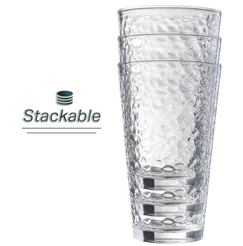 16oz Hammered Glass Tumblers - Set of 10 Stackable Drinking Glasses