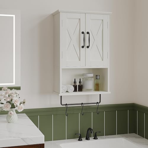 Small Bathroom Medicine Cabinet with Towel Bar and Hooks, Wall Storage