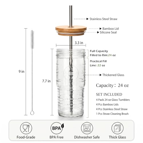 24 oz Glass Tumbler with Bamboo Lid & Reusable Stainless Steel Straw for Iced Coffee