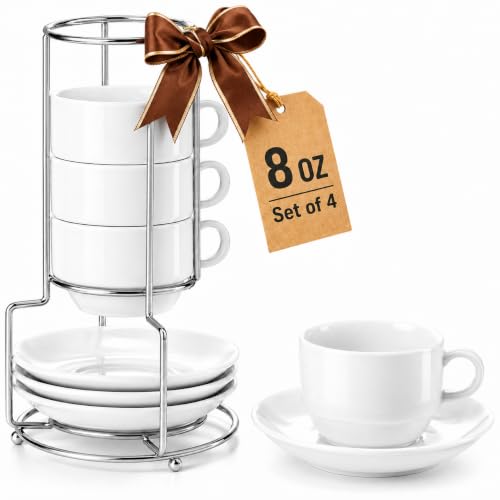 Yedio 8 oz Porcelain Cappuccino Cups with Saucers & Silver Metal Stand Set
