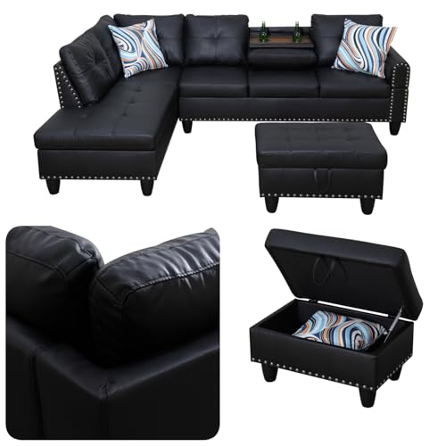 97.5" L-Shaped Modular Sectional Sofa with Storage Ottoman, Black Faux Leather