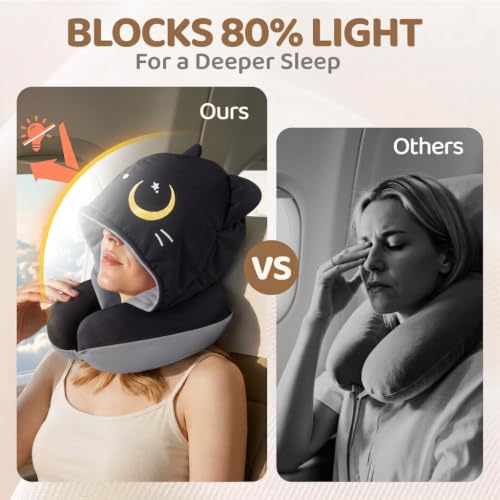 Travel Neck Pillow with Hood - Memory Foam, Adjustable, Washable, Gray